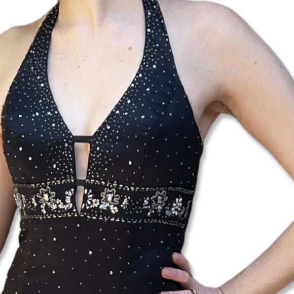 Vintage Jump Apparel Gown Halter Beaded Bodice Black Satin Ball Gown Size 5/6 - Picture 4 of 8